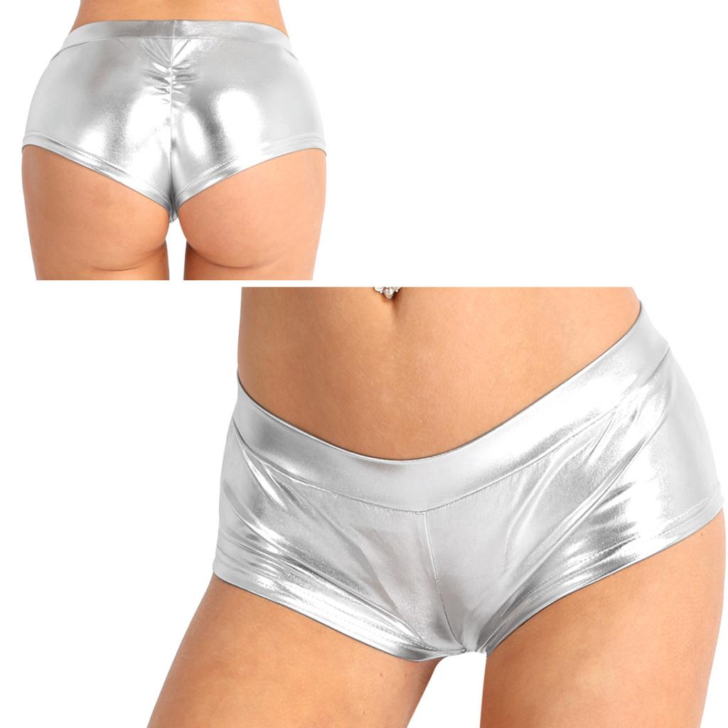 Женские сексуальные блестящие эластичные металлические шорты с мокрым эффектом и высокой талией для танцев Rave Booty Шорты Шорты