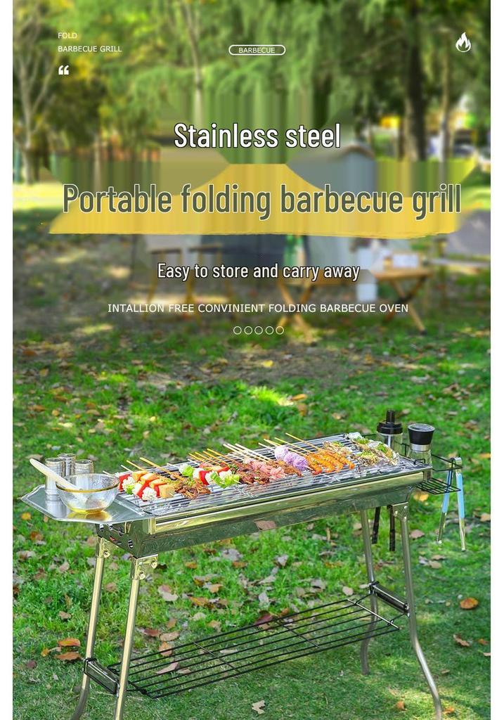 Large Portable Stainless Steel Charcoal BBQ Grill - Outdoor Folding Patio Oven