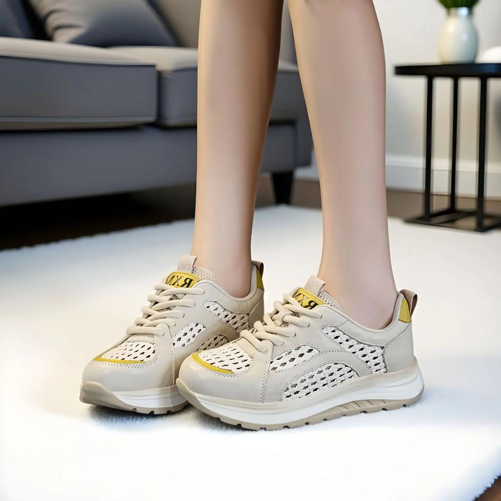 Fashion 4.5CM Summer Woven Mesh Shoes Women Thick Sole Lace-Up Lightweight Breathable Genuine Leather Casual Sneakers 2025 Women Shoes