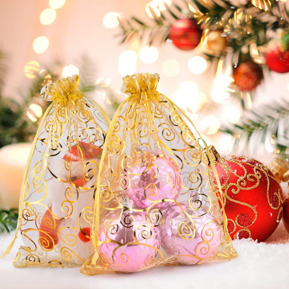 Gold Organza Gift Bags with Drawstring Jewelry Storage Mesh Pouch Candy Packing Bags Wedding Favor Christmas Party Candy Bag