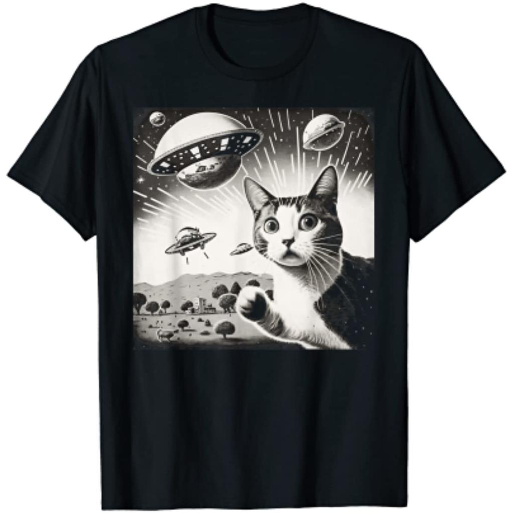 Funny Cat Tee Galaxy Cat Unisex Shirt Spaceship Alien Cat Ufo Wounisex Tshirt Cotton Four Seasons Daily Shirts For Unisex