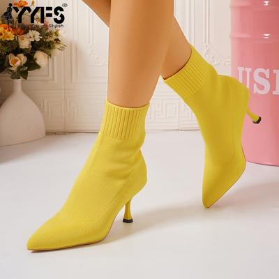 Женские ботильоны на высоком каблуке-шпильке - Удобные дышащие слипоны с верхом из ткани, резиновой подошвой и заостренным носком