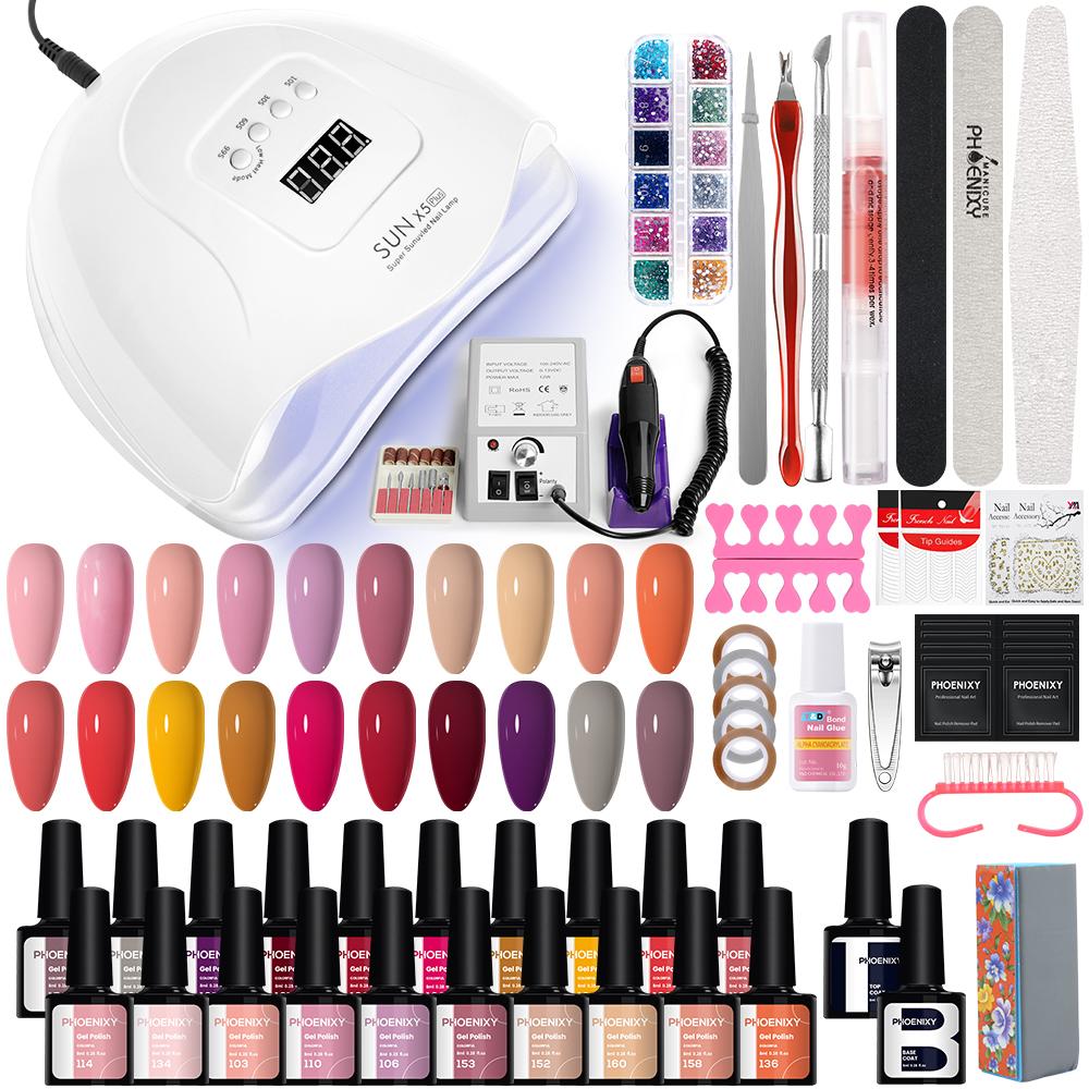 Набор гелей для ногтей PHOENIXY, профессиональный дизайн ногтей с УФ-светодиодной лампой 80 Вт, дрель для гель-лака для ногтей, набор инструментов для удаления лака для ногтей, набор инструментов для маникюра