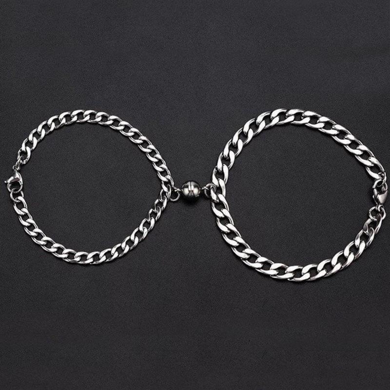 2pcs Punk Silver Chain Couple Bracelet For Women Stainless Steel Romantic Magnet Men Paired Things Jewelry Pulsera