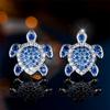 Cute Female Green Rose Red Blue Zircon Stone Small Round Turtle Stud Earrings Vintage Silver Color Wedding Jewelry For Women