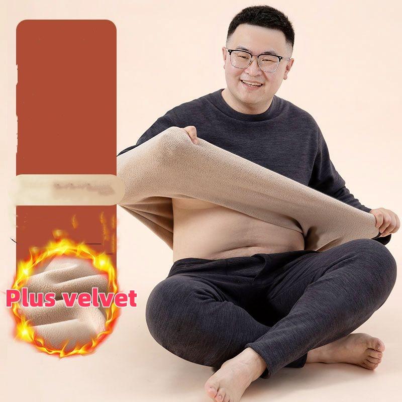 Winter Man Warm Fleece Lined T-Shirt Thick O-Neck Solid Color Basic Pullover Sweatshirt Thermal Underwear Set Top and Pant Plus Size