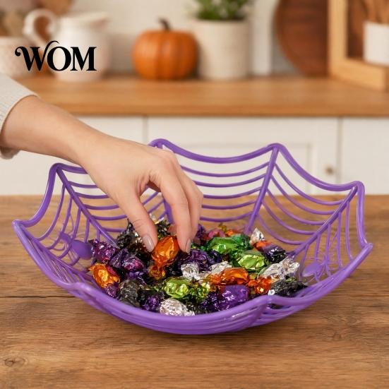 Spider Web Candy Bowl Halloween Basket, Plastic Cobweb Design Fruit Serving Bowl, Treat Eye-catching Decor or Trick Holder for Dinner Table,