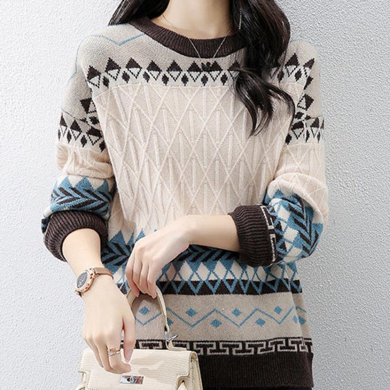 Осенне-зимний свитер женский корейский вариант ромбовидная сетка контрастный жаккардовый цвет круглый вырез длинный рукав повседневный трикотажный самарий женский интерьер