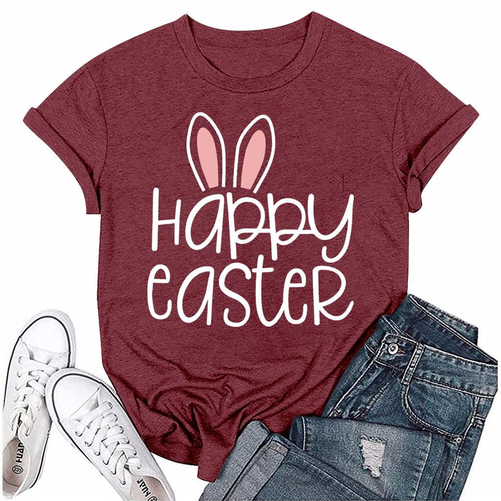 Женская модная пасхальная принтованная повседневная плиссированная круглая футболка с коротким рукавом