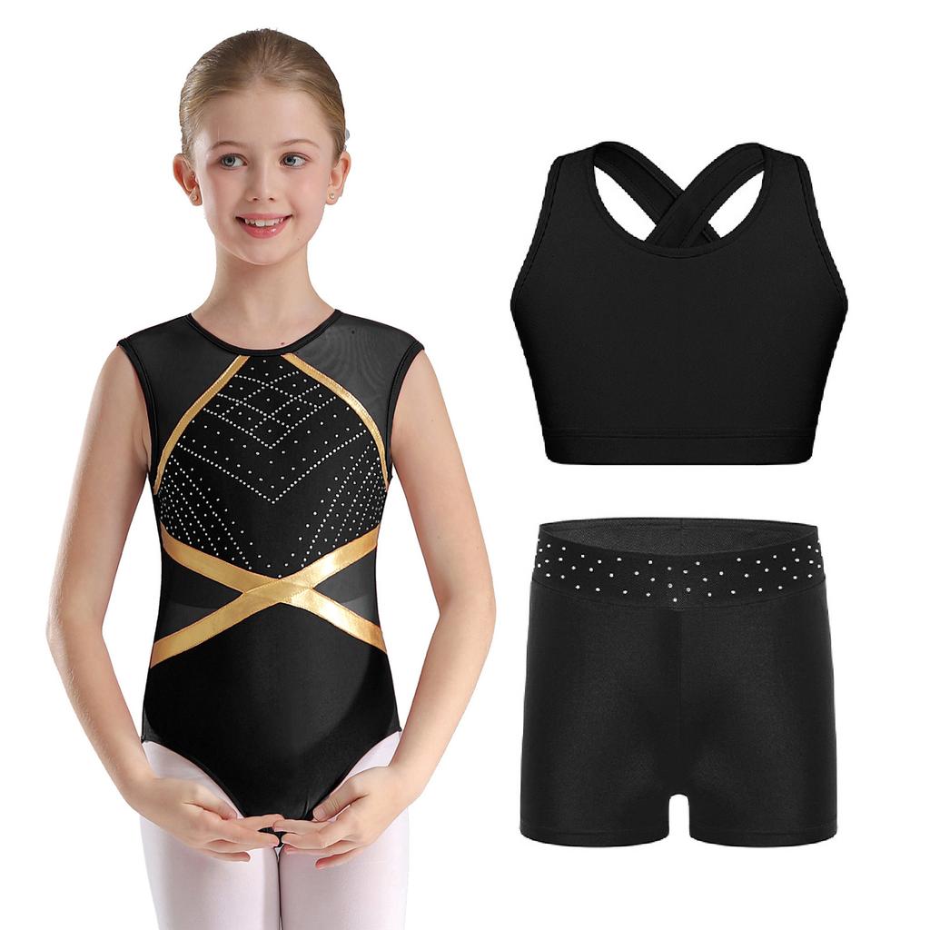 3Pcs Girls Gymnastics Set - Sleeveless Leotard with Keyhole Back, Cross Vest & Rhinestone Shorts for Dance/Performance