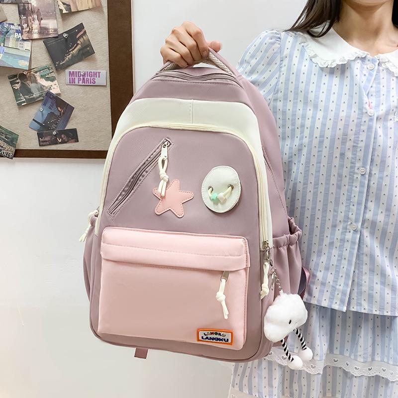 Campus middle school students new fashion schoolbag women's large-capacity contrasting color high school students backpack cute star versatile bag