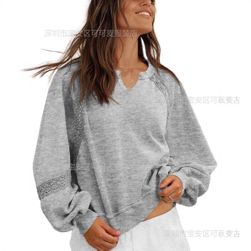 New Autumn and Winter Women's Lace Design Loose Pullover Solid Color V-neck Sweatshirt
