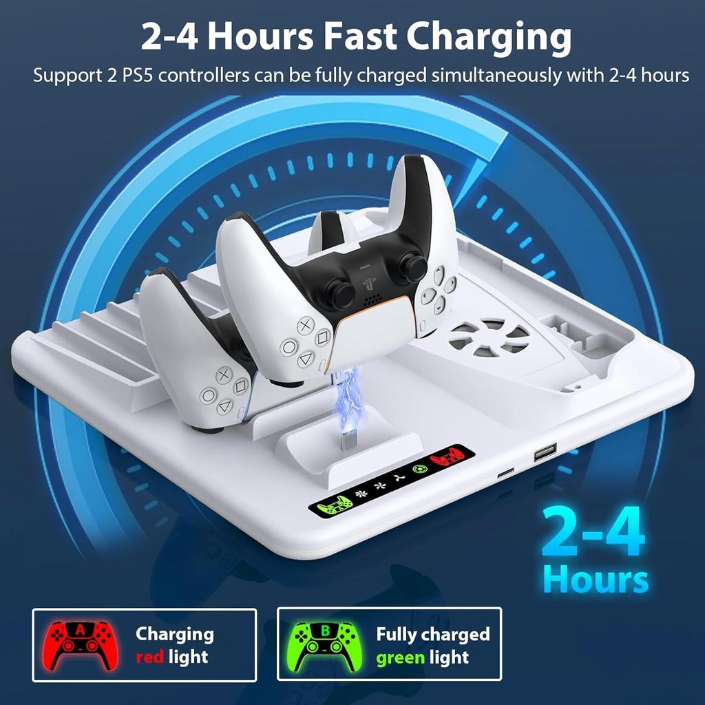 ДЛЯ PS5 Slim с зарядной док-станцией и подставкой для хранения 8 игр с охлаждающим вентилятором и зарядной станцией для контроллера PS5
