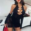 Сексуальное ажурное облегающее платье-комбинация с длинным рукавом и цепочкой, нижнее белье для женщин