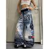 Womens High-Waisted Wide-Leg Denim Pants With 3D Digital Print Hip-Hop West Coast Streetwear Style Fall Loose Fit