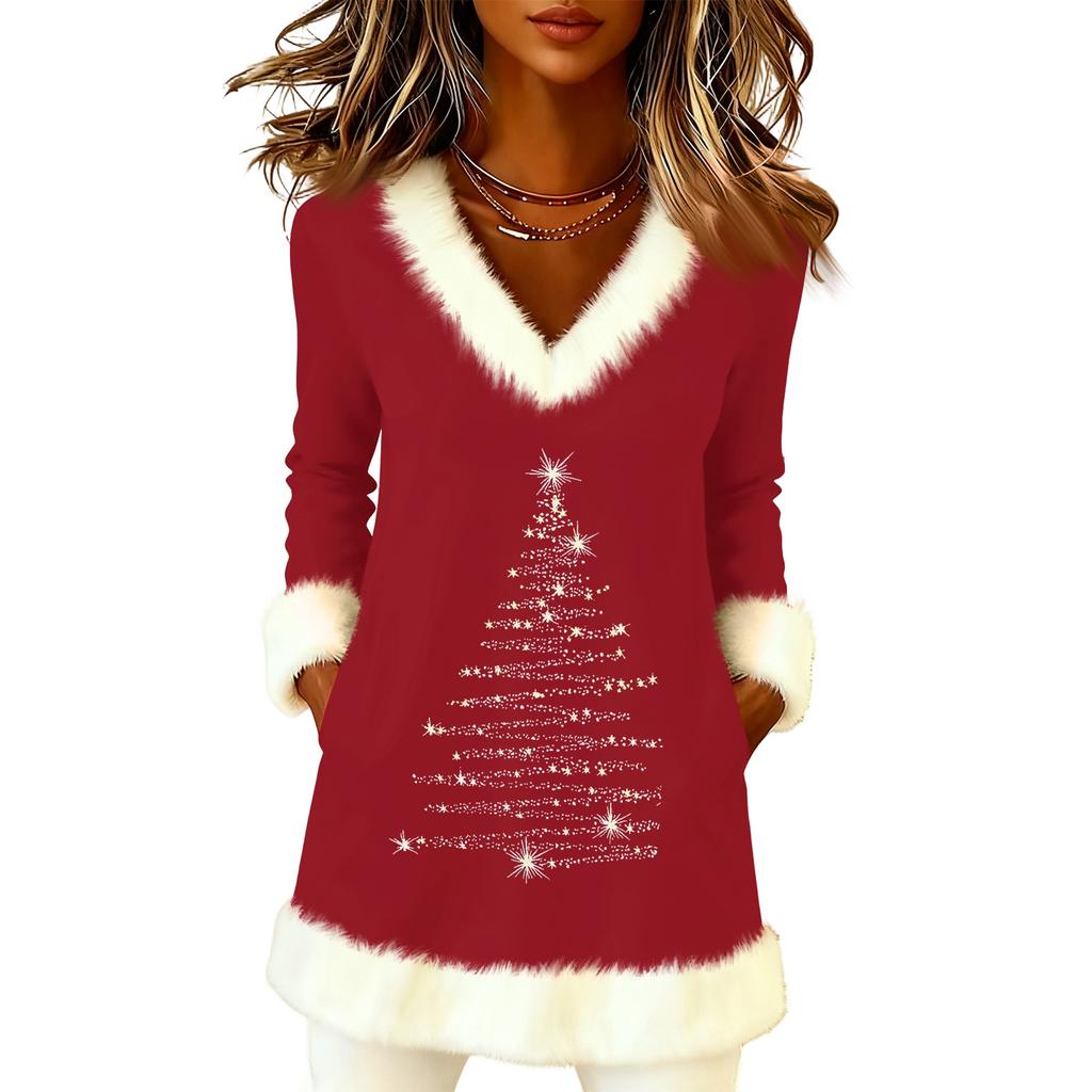Women's Christmas Fashion Plush V-neck Pullover Sweater Solid Color Long Sleeve Top