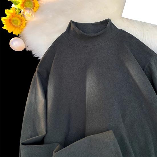 Men Bottoming T-shirt Half-high Collar German Velvet Solid Color Elastic Mid Length Pullover Layering Top for Winter And Fall