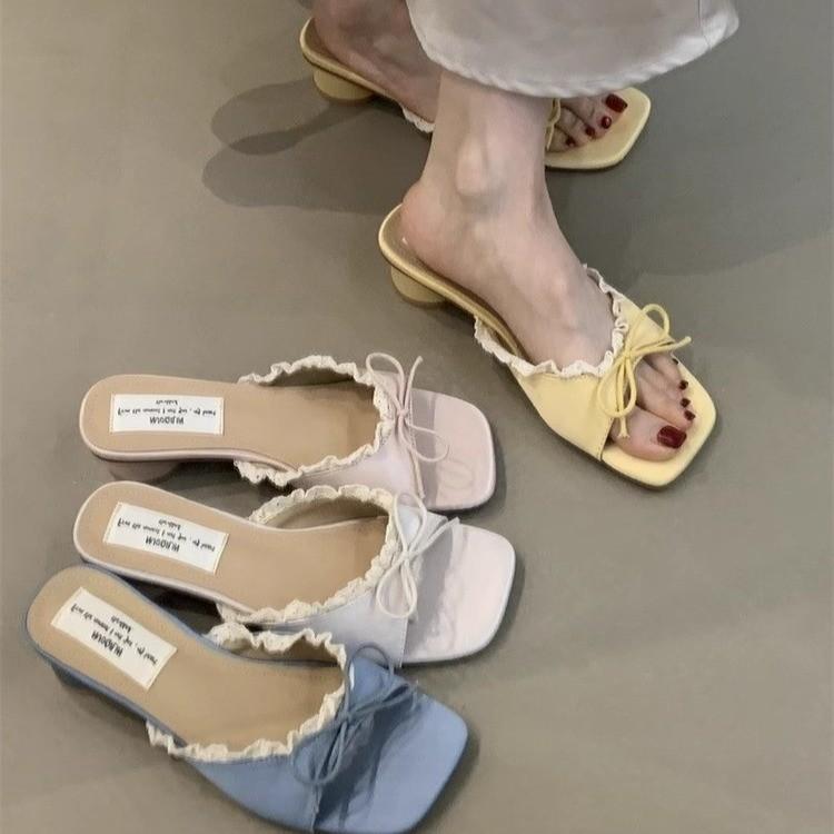 2025 New Summer Women Square Toe Slippers Fashion Lace Dress Slide Shoes Ladies Concise Outdoor Beach Vacation Sandalias