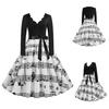 Ladies Vintage Dress V Neck Flower Edge A-line Bow Decor Big Swing Plaid Print Midi Dress Contrast Color Long Sleeve Gothic Christmas Party