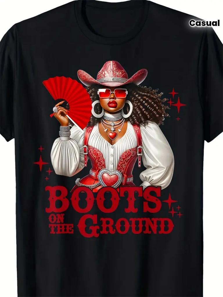 Women'S And Women'S 100% Western Cowboy Boots And Hat Print T-Shirt - Boots Slogan, Short Sleeve