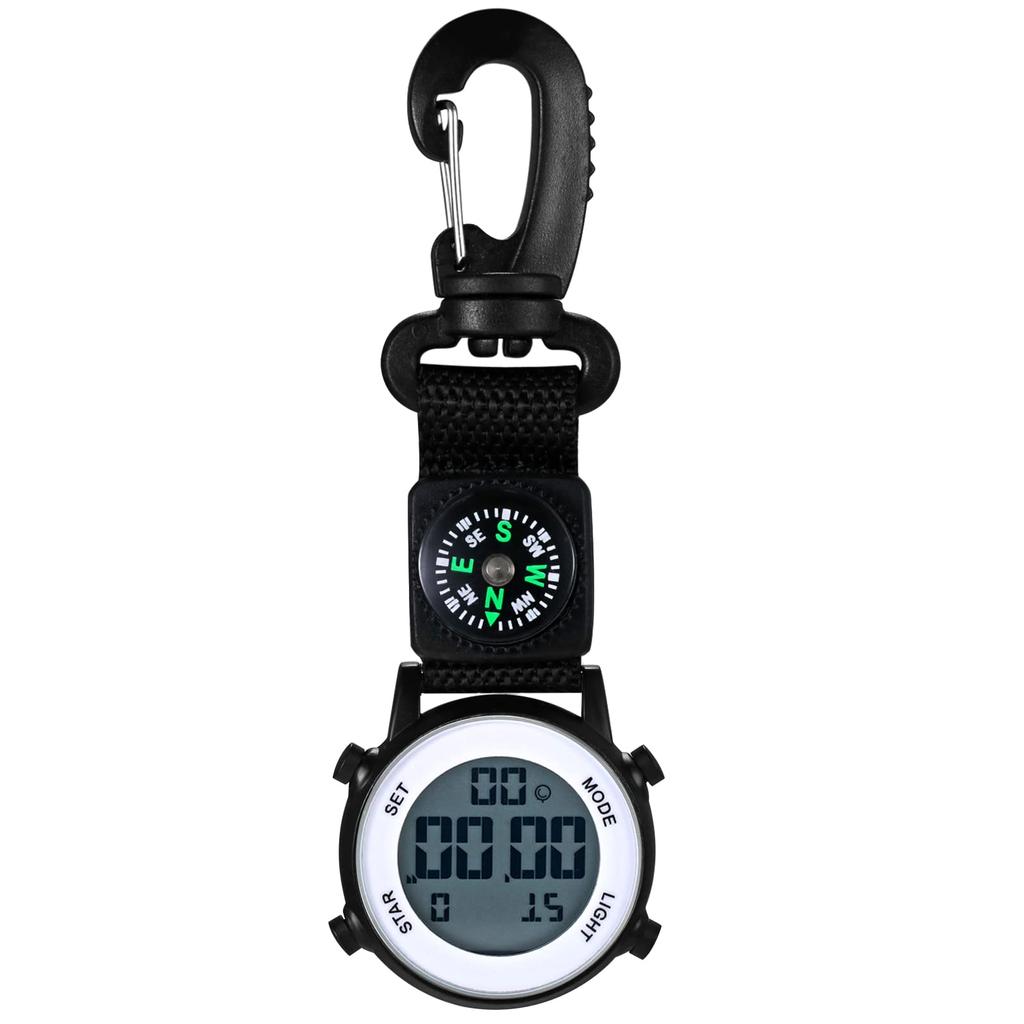 Clip Clock Digital Keychain Carabiner Watch Day of the Week Calendar Alarm Clock Compass LED Pocket Watch Nurse Watch 3ATM Waterproof Outdoor Fashion
