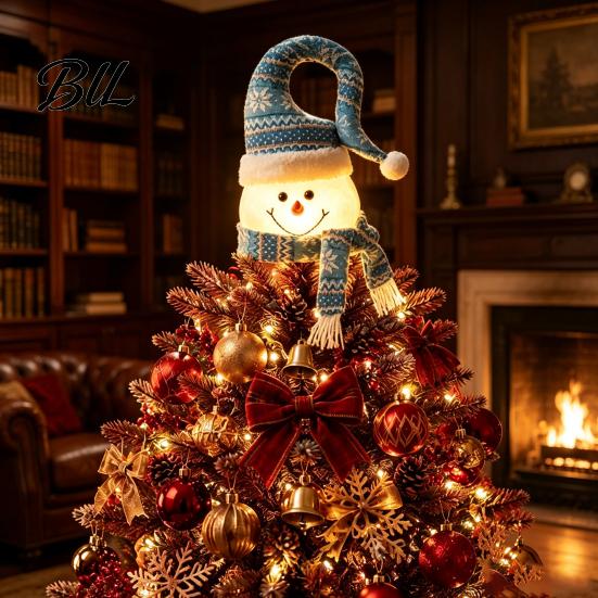 Christmas Tree Finial Lighted Topper, Glowing Snowman Star Hat with LED Light, Winter Holiday Home Decor for And Indoor Top Decoration Plush Ornament