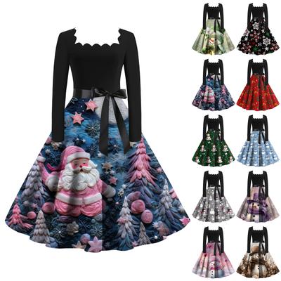 Женское модное ретро вечернее платье с длинным рукавом, квадратным вырезом и рождественским принтом