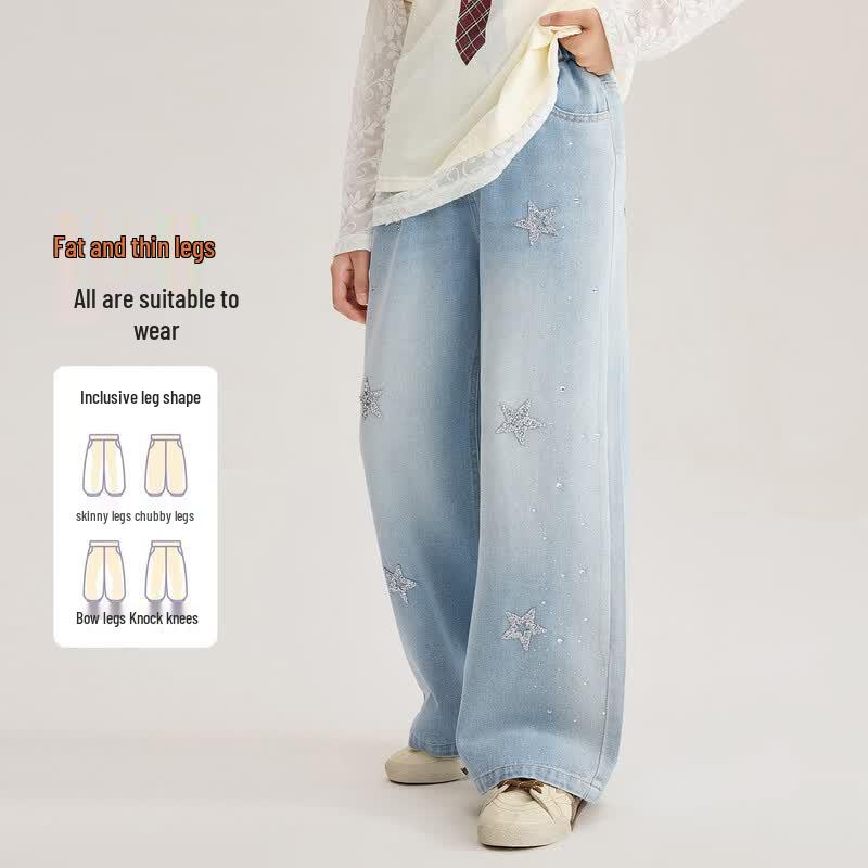 Girls' Star Rhinestone Wide-Leg Soft Denim Pants