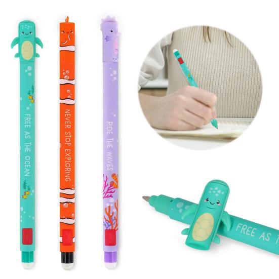 3 шт. стираемые гелевые ручки с чернилами, мультяшный морской конек, рыба-клоун, черепаха, стираемая шариковая ручка со встроенным ластиком, ручка-роллер для школы, канцелярских принадлежностей