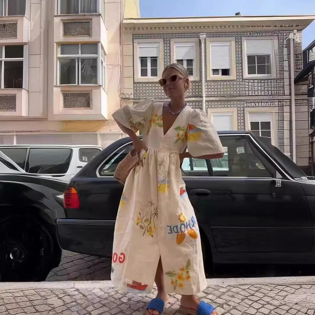 Women's Spring and Summer Fashion Printing V-neck Cute Short-sleeved Loose Dresses