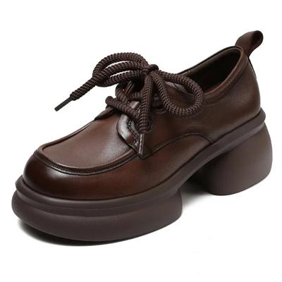 Модные 6 см Роскошный дизайн Массивные туфли на платформе Женские Толстый высокий каблук Натуральная коровья кожа Ручная работа Ретро Шнуровка Повседневная женская обувь