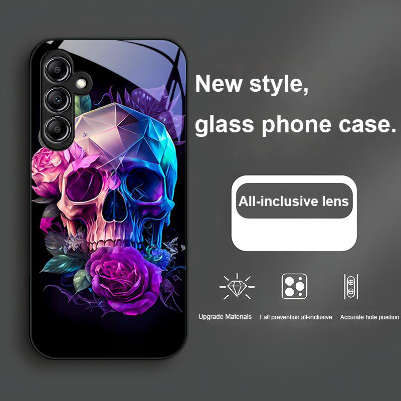 Cartoon Roses And Skulls For Samsung Galaxy A01 02 03 Core A04 A14 4G A13 54 34 31 20 25 23 22 5G S21 Ultra S20 Glass Phone Case