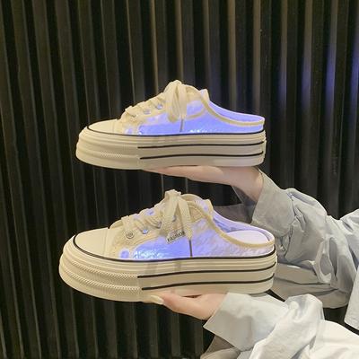 Модная летняя женская обувь Дышащие парусиновые тапочки Модная обувь на платформе, увеличивающая рост для женщин Повседневные полутапочки BaoTou