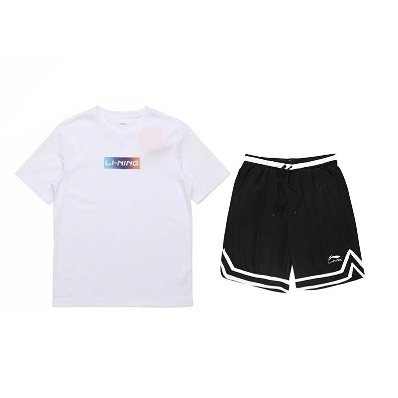 Li-Ning Gradient Logo Round Neck Short Sleeve Striped Comfortable Mid Waist Shorts Casual Sports Suit Unisex Sports Suit YHST171-1+YAPV001-1