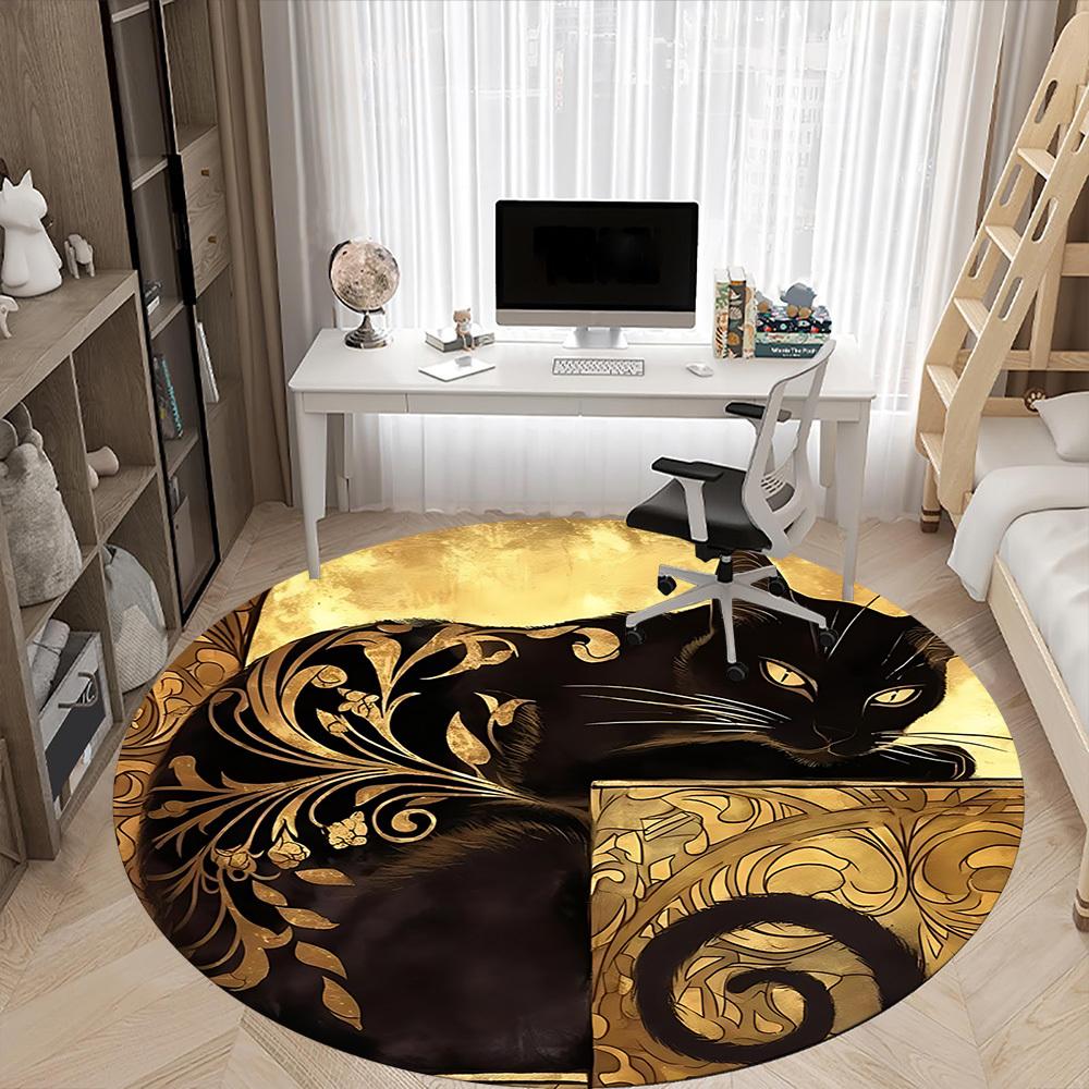 1pc Cat Gold Office Round Area Rug, Under Office Chairs Bedroom Living Room Home Decor, Room Deco, Available in Various Sizes