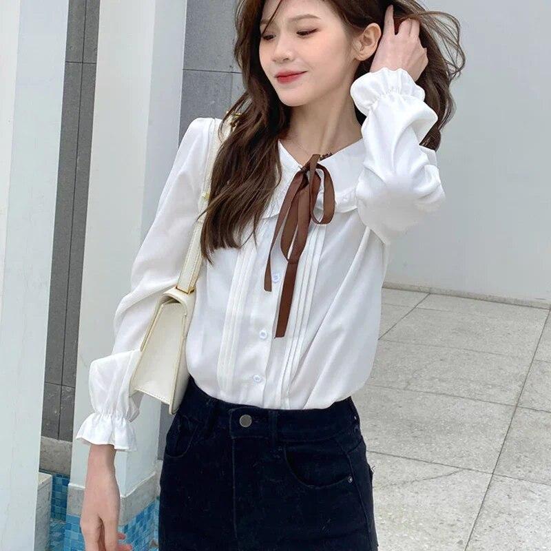 2024 модная женская белая рубашка с длинным рукавом, элегантная шифоновая блузка, женские корейские милые женские топы с бантом на воротнике, одежда Blusas 24163