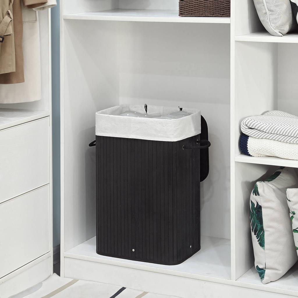 SONGMICS Bamboo Laundry Basket, 72L Foldable Laundry Hamper, Rectangular Storage Hamper with 3 Handles, 40 x 30 x 60 cm, Black