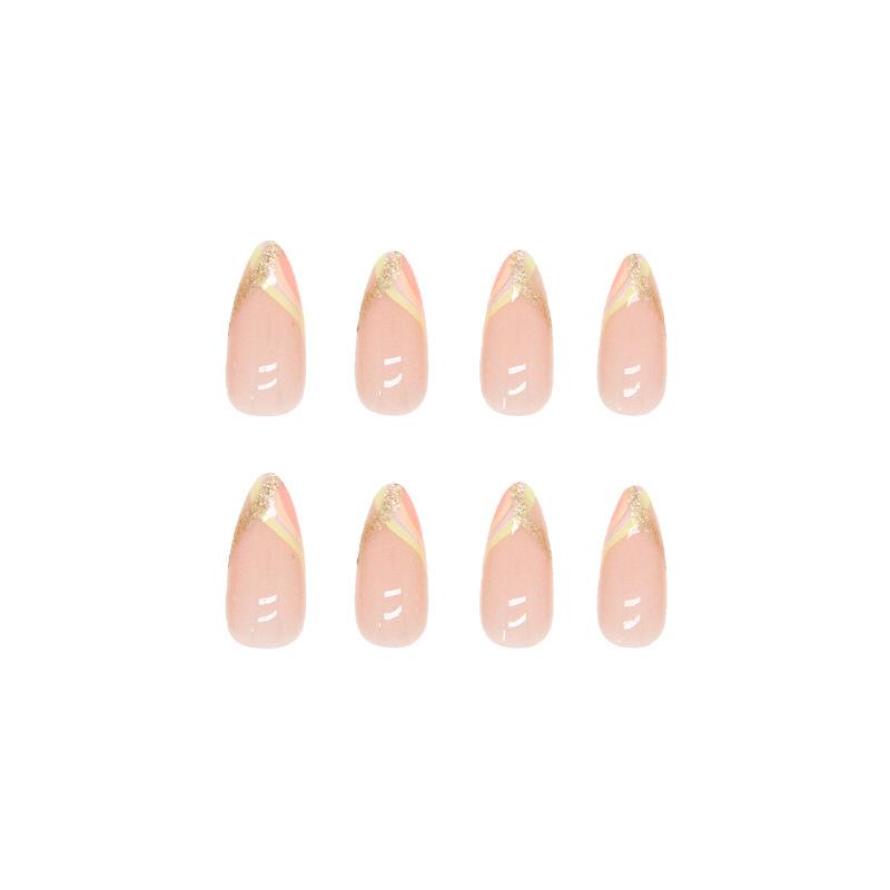 W202 Gold Glitter Stripe Glue On Almond Nails Fresh Minimalist Ins European For Ladies Non Special Cosmetics