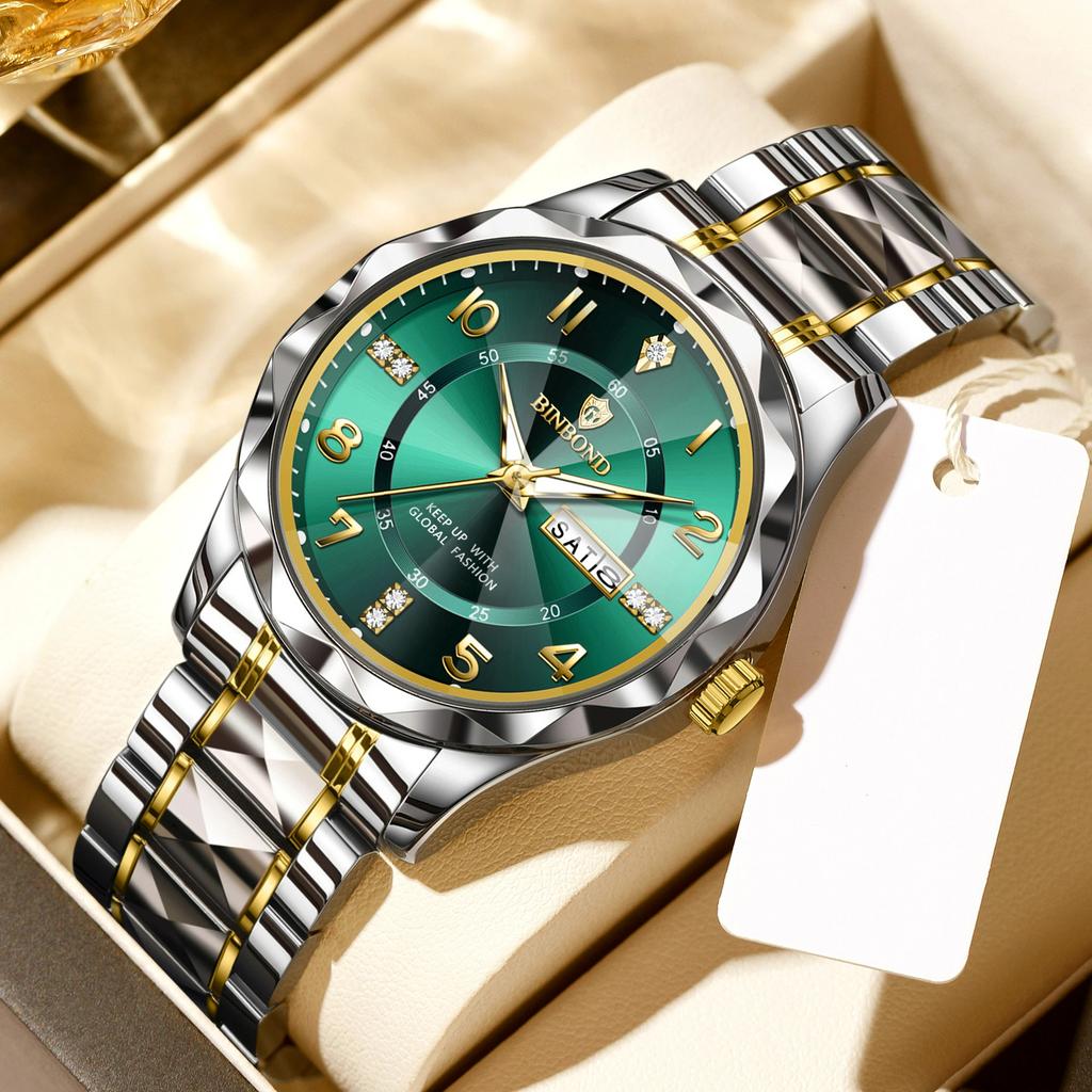 BINBOND Luxury Men Quartz Watch Waterproof Date Week Luminous Wristwatch Stainless Steel Men's Watches Male Clock