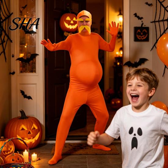 Halloween Cosplay Outfit Orange Full Bodysuit for Kids Adults, with Belly, Yellow Mustache & Eyebrows, Open Face Zentai Suit Men Women Suit,