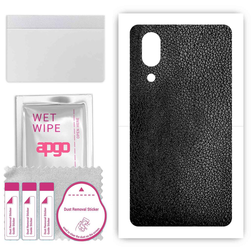 apgo Protective Skin Sticker for the Back Compatible with Sharp Aquos S3, Wrap Film, Foil, Vinyl - Pattern Black Leather