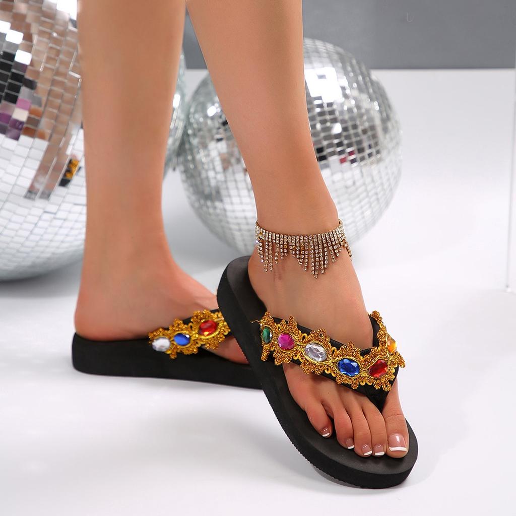 Luxury Colourful Crystal Decoration Flip Flops Women 2025 Summer Black Wedge Heels Slippers Comfortable Light Weight Sandals