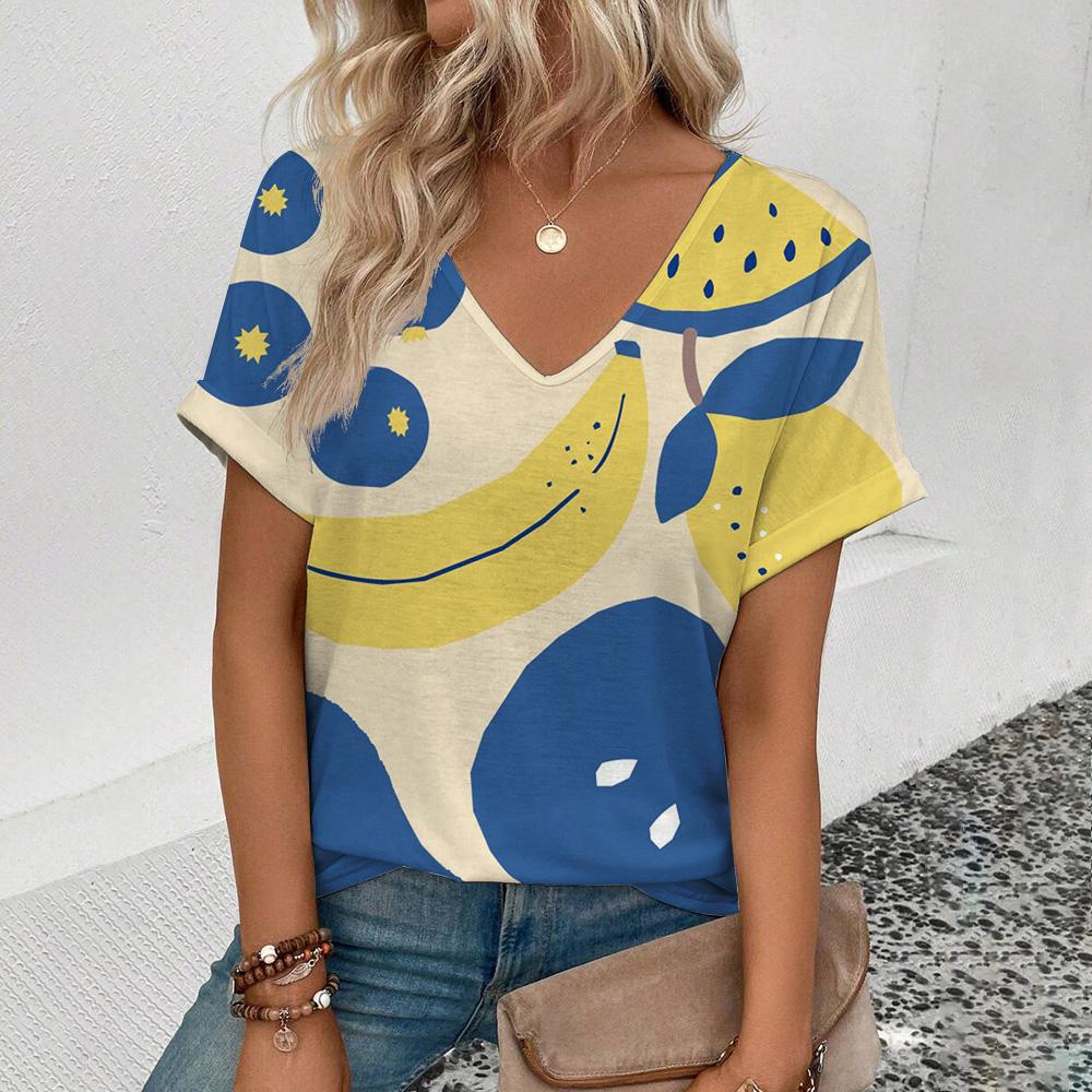 Элегантная женская футболка с v-образным вырезом, модная забавная футболка с принтом фруктов, популярная футболка с короткими рукавами, летняя футболка для отдыха