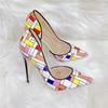 Women's Sexy 12cm Color Checkered High Heels, Patent Leather, Pointed Fashion Party Shoes, Dress Shoes, Thin Heels 10cm