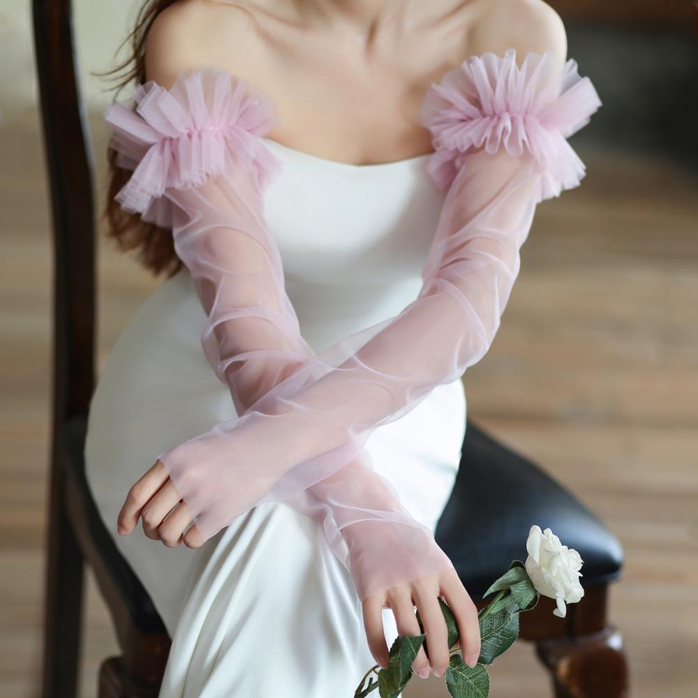 Korean Style Wedding Long Sleeves Solid Color Pleated Lace Arm Covers Bridal Arm Sleeves Female