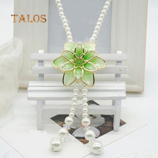 Women's Fashion Jewelry Flower Pendant Faux Pearl Tassels Necklace Sweater Chain Suspension Trinket