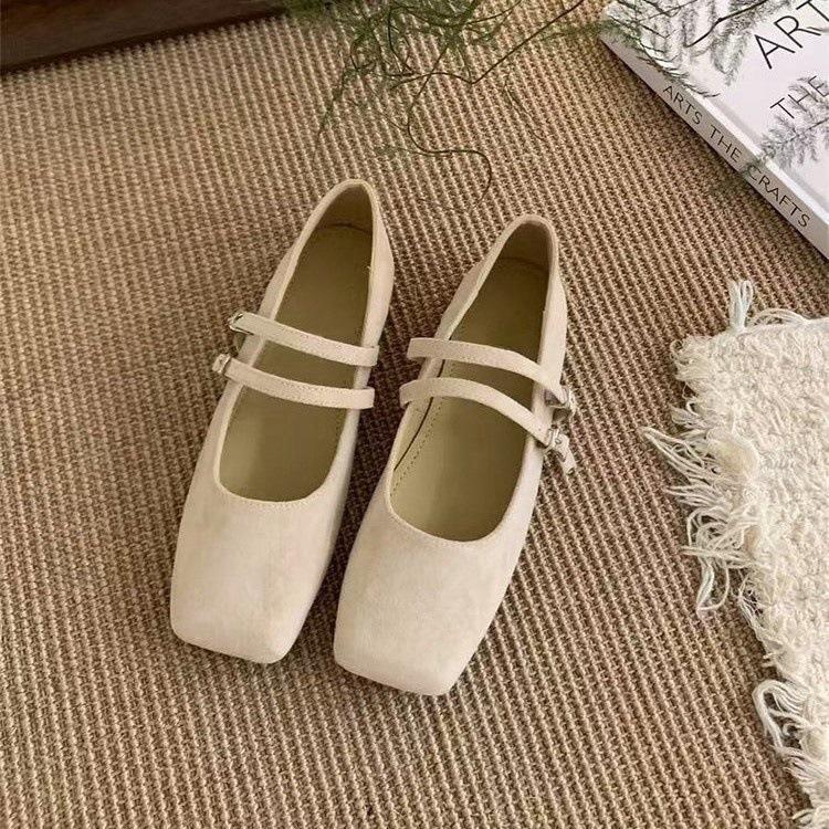 Туфли Мэри Джейн из замши с двойной пряжкой в стиле ретро, женские одинарные туфли 2025 года, квадратная носовая часть, плоская подошва, туфли для бабушек, корейская версия, женская обувь
