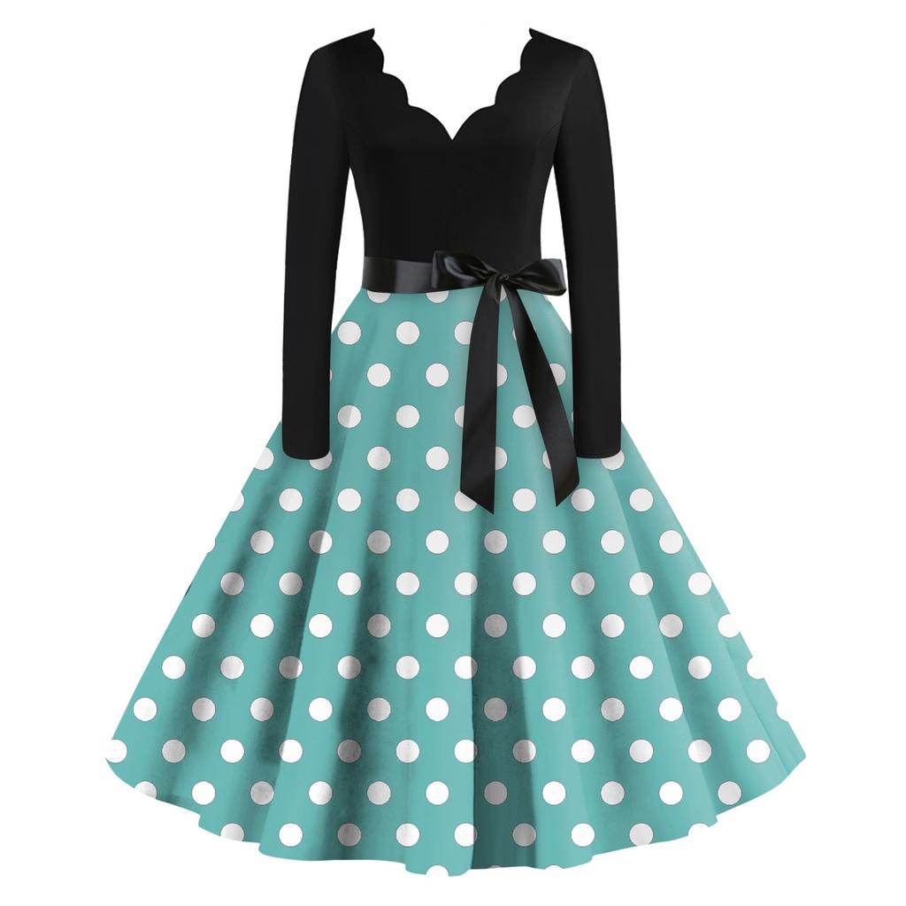 Женское повседневное модное платье с V-образным вырезом и длинными рукавами в стиле ретро с принтом в горошек