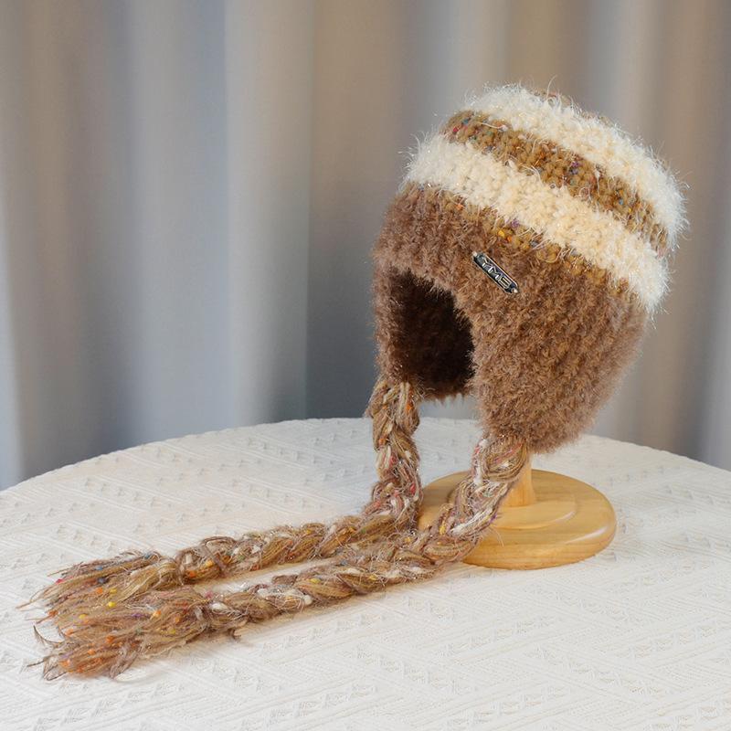 Женская осенне-зимняя теплая утолщенная защитная шапка с холодным мехом и бархатом, двойная тесьма, вязаная шапка, милая разноцветная шапка