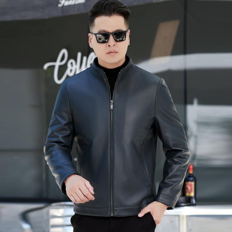 Осенне-зимняя куртка из натуральной кожи, мужская куртка из овчины с воротником-стойкой, короткая, для среднего и пожилого возраста, плюс бархат, большой размер, тонкое пальто